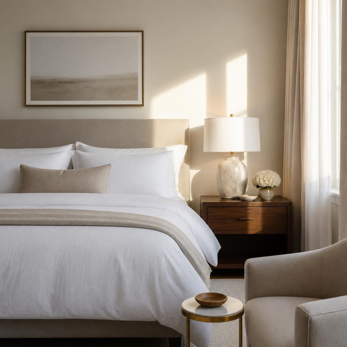Freshly made bedroom with crisp linens