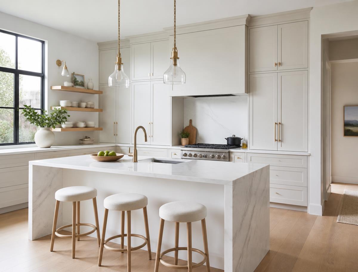 Spotless modern kitchen with marble island