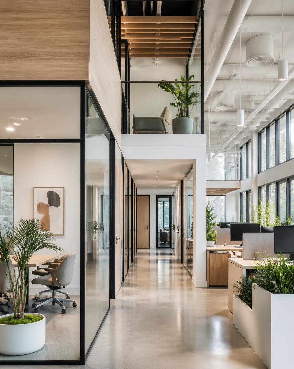 Modern office corridor with glass walls